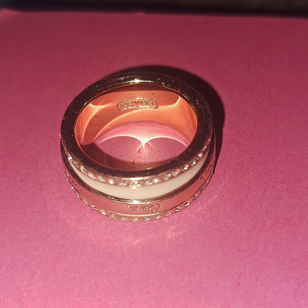 Authentic Coach Gold-Plated Ring with Crystals & White Enamel